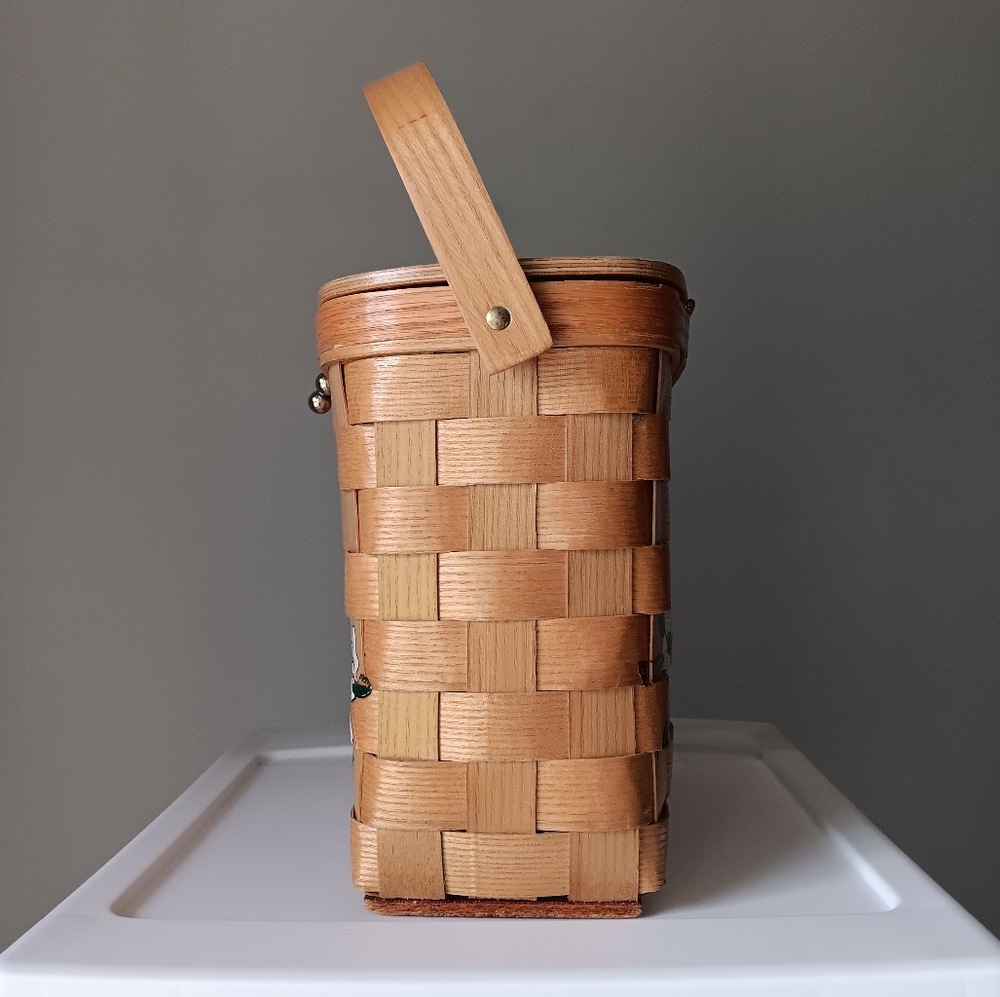 Vintage Signed Caro-Nan Floral Woven Wooden Wicker Basket Bucket Purse White Tan - Picture 8 of 16